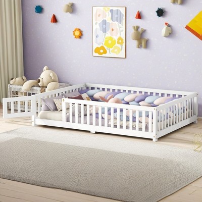 ROOMTEC Floor Bedframe w/Safety Guardrails and Door,Wood Bed with Removed Slats for Kids