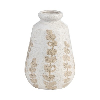 Sagebrook Home 8" Ceramic Vase - Contemporary Ivory/Beige Botanical Design Decorative Table Accent for Home or Office - Unique Gift Idea