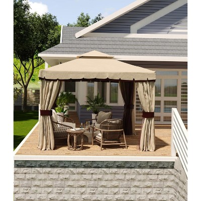 Khaki 10x10FT Outdoor Gazebo with Double Roof and Curtains