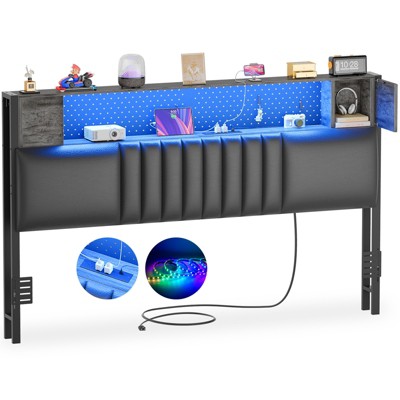 Aheaplus Upholstered Headboard with Storage Shelf and Small Cabinet, Headboard Power Outlet and LED Light