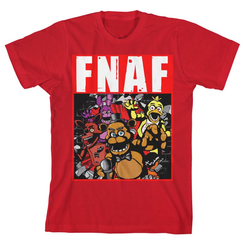 Bioworld Five Nights at Freddy's Group Image in Red Frame Layout  Screen Print on White Tee, 1 of 3