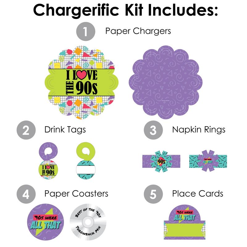Big Dot of Happiness 90’s Throwback - 1990s Party Paper Charger and Table Decorations - Chargerific Kit - Place Setting for 8, 3 of 9