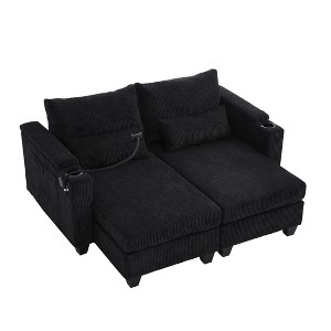 TiramisuBest 63" Convertible Chaise Lounge Loveseat Sofa Bed Corduroy Upholstery with USB Ports, Cup Holders, Phone Holder & Storage,Beige - 1 of 4