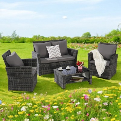 Mshliw 4-Piece Outdoor Patio Furniture Set, Garden Wicker Sofa with Tempered Glass Coffee Table, Poolside Lawn Chairs, Cushions, Modular Design