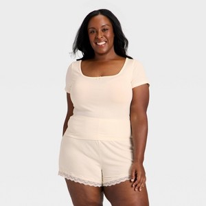 Women's Ribbed Short Sleeve Shirt and Shorts Pajama Set - Auden™ - 1 of 3