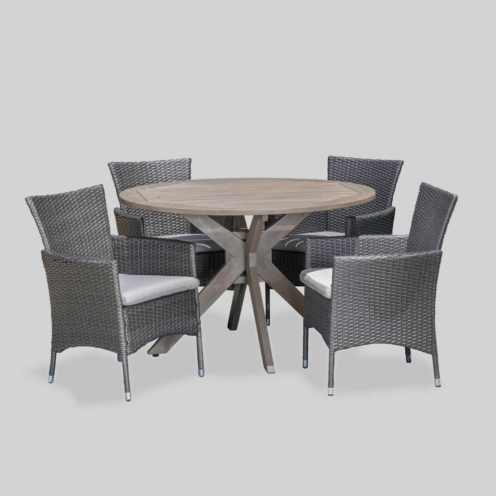 Photos - Dining Table Cedros 5pc Acacia Wood & Wicker Patio Dining Set: Outdoor Seating, Cross Base Table - Christopher Knight Home Gray