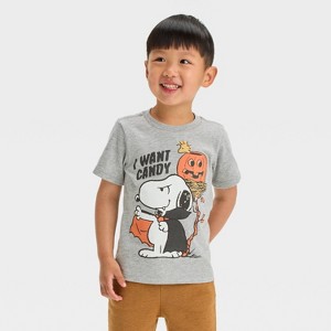 Toddler Boys' Snoopy I Want Candy Halloween Short Sleeve T-Shirt - Gray - 1 of 4