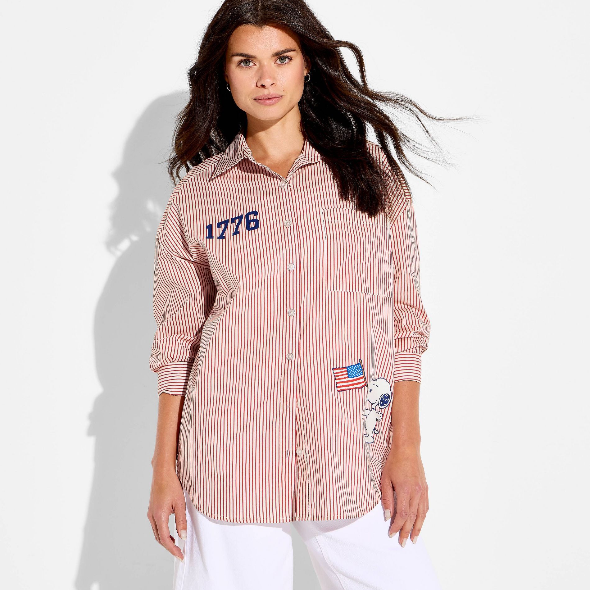 Women's Peanuts Snoopy Woven Graphic Button-Down Shirt - Red