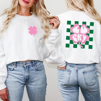 Simply Sage Market Women's Graphic Sweatshirt Lucky Clover Checkered Front and Back