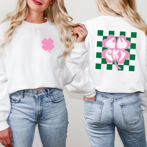 Simply Sage Market Women's Graphic Sweatshirt Lucky Clover Checkered Front and Back - 1 of 4