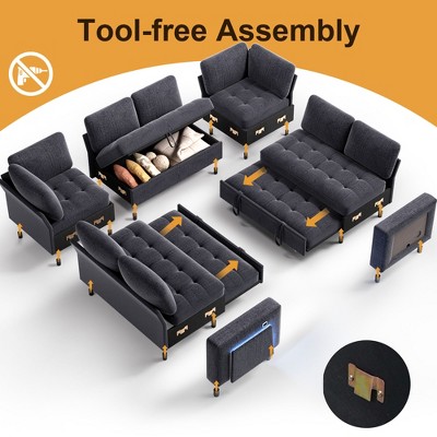 Tool-free assembly diagram for modular sofa with individual pieces and connectors