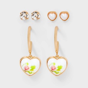 Acrylic Pearl Crystal and Heart Drop Earring Set 3pc - Wild Fable™ Gold/Silver - 1 of 3
