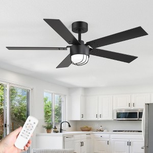 Airsurfer 52" Industrial Ceiling Fan with Light, Matte Black Metal Cage Light & Wood Blades,6-Speed Reversible DC Motor,Remote Control for Living Room - 1 of 4