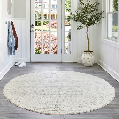 Off-White Braided Wool Round Area Rug, 4'