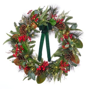 Christmas Magnolia Leaf, Eucalyptus, and Berry 28in Wreath, Pre-Lit with 35 LED Fairy Lights B/O - 1 of 4