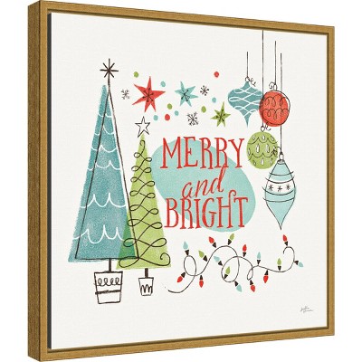 Merry and Bright Retro Christmas Canvas Print with Gold Frame