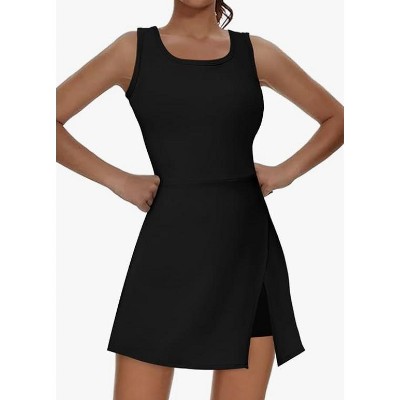Women's Sleeveless Golf Tennis Dress Crew Neck Side Slit Workout Athletic Dresses with Built-in Bra Shorts and Pocket
