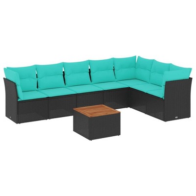 vidaXL 8 Piece Patio Sofa Set with Cushions Black Poly Rattan - Black and Blue