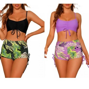 INSPIRE CHIC Women's Drawstring Push-Up Top Tropical Print High Waist Shorts Swimwear Bathing Suits 2 Sets - 1 of 4