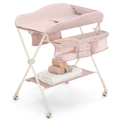 Safstar Baby Diaper Changing Table Folding Newborn Nursery Organizer W/Water Basin Wheel