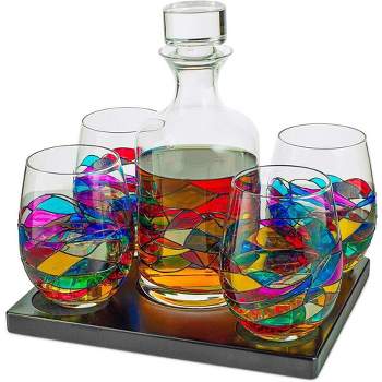 The Wine Savant Beautiful Hand Painted Whiskey & Wine Decanter Set Includes 4 H& Painted Glasses Set on a Wooden Tray - 750 ml