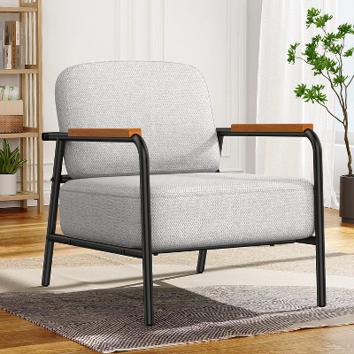 KTMBDW Mid-Century Accent Chair for Living Room - Back Lumbar Support, Upholstered Fabric Armchair with Black Metal Legs for Bedroom, Office, Gray