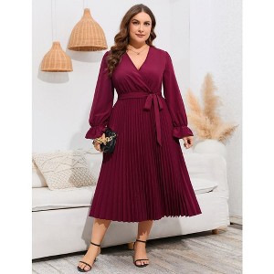 Women Plus Size Dress V Neck Ruffle Long Sleeve Long Dress Casual Summer Pleate Dress with Waistband, Wine Red, 3XL - 1 of 4