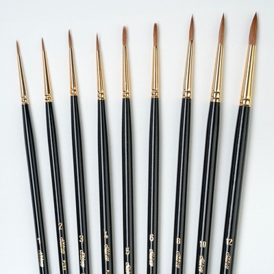 Black and Gold Long Handle Round Sable Brush Set, 9 Pieces