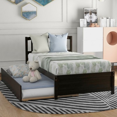 ALEXOUN Solid Wood Twin Size Platform Bed Frame with Trundle and Headboard, No Box Spring Needed,for Teens Boys Girls Bedroom,Room