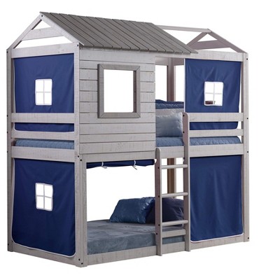 Donco Kids Deer Blind Twin Over Twin Rustic Grey House Bunkbed With Blue Tent