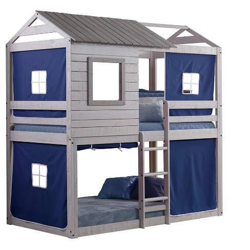 Donco Kids Deer Blind Twin Over Twin Rustic Grey House Bunkbed With Blue Tent - image 1 of 3