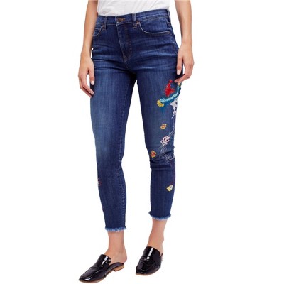 Free People Womens Embroidered Skinny Fit Jeans