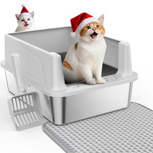 Stainless Steel Cat Litter Box with Dual Filter, High Sides, 18L Capacity for Kittens, Ferrets, Rabbits & Small Pets - 1 of 4