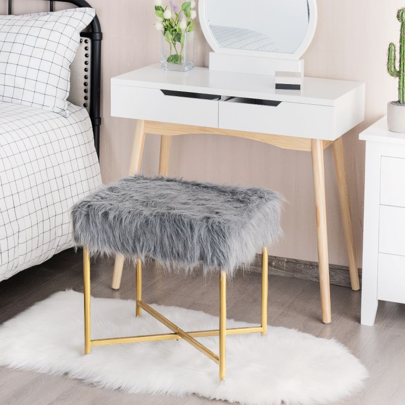 Costway Faux Fake Fur Stool Ottoman Footrest Stool Decorative with Metal Legs GreyPinkWhite, 2 of 11