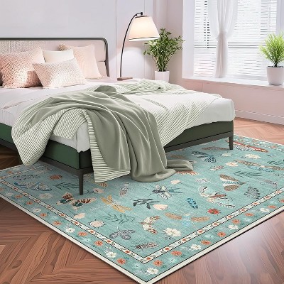 Washable Hallway Rug, Modern Insect Floral Print Farmhouse Mat, Non-Slip Stain-Resistant, Foldable Indoor Rug for Kitchen, Laundry Room