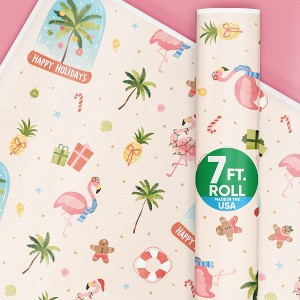 Big Dot of Happiness Beach Christmas Wrapping Paper, Tropical Holiday Gift Wrap Roll, Hawaiian Flamingo, Palm Tree Gift Paper, 24 in x 7 feet, 1 Roll - 1 of 4