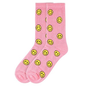 Women's Hot Pink Color With Yellow Smiley Face Novelty Socks - 1 of 3