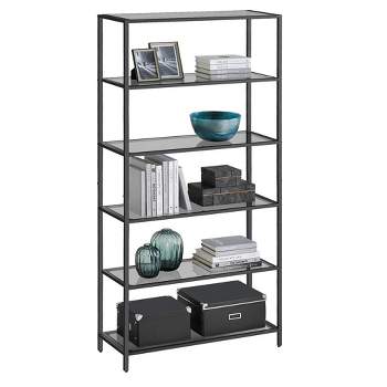 VASAGLE Bookcase, 6-Tier Bookshelf, Slim Shelving Unit for Bedroom, Bathroom, Home Office, Tempered Glass, Steel Frame