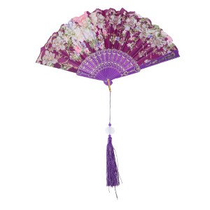 Unique Bargains Hot Stamped Floral with Tassel Folding Fan 1 Pc - 1 of 4