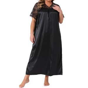 Agnes Orinda Women's Plus Size Satin Lace V Neck Short Sleeve Maxi Chemise Soft Lounge Nightgown - 1 of 4