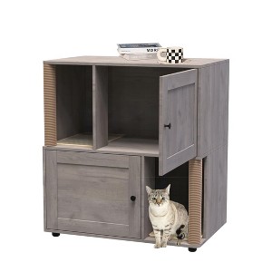 Double Cat Litter Box Enclosure with Hidden Compartments, Wooden Farmhouse Cabinet with Dual Scrape Mats and Scratching Posts - 1 of 4
