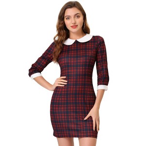 Allegra K Women's Contrast Peter Pan Collar Keyhole Back Plaid Bodycon Dresses - 1 of 4