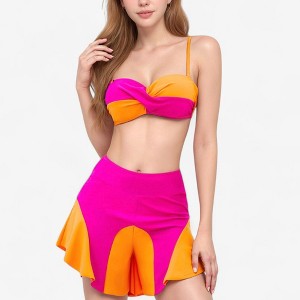 Anna-Kaci Swim Women's Colorblock Twist Bikini Top with Flared Swim Skirt Bottom for Playful and Sporty Beachwear Look - 1 of 4