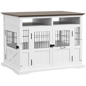 PawHut Dog Crate Furniture Side End Table with Storage, 41" Modern Wooden Dog Kennel Furniture with Double Doors for Small and Medium Dogs, White - 1 of 4