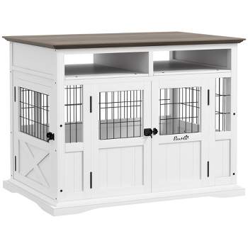 PawHut Dog Crate Furniture Side End Table with Storage, 41" Modern Wooden Dog Kennel Furniture with Double Doors for Small and Medium Dogs, White