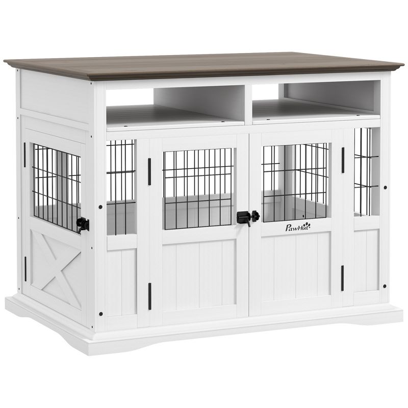 PawHut Dog Crate Furniture Side End Table with Storage, 41" Modern Wooden Dog Kennel Furniture with Double Doors for Small and Medium Dogs, White, 1 of 7