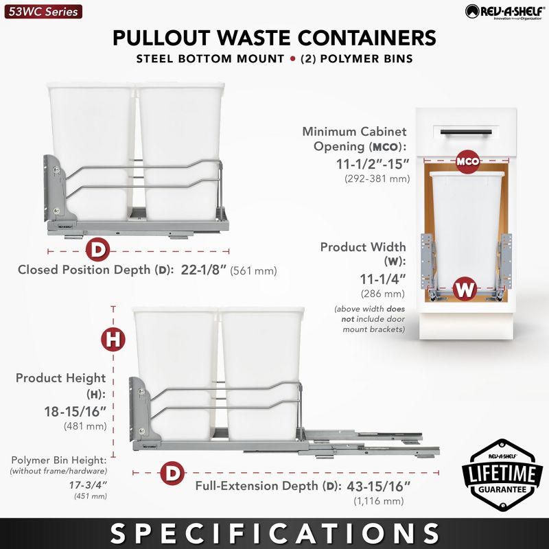 Rev-A-Shelf 53WC-1527SCDM-211 Double 27 Quart Pull-Out Under Mount Kitchen Waste Container Trash Cans with Soft-Close Slides, 5 of 7