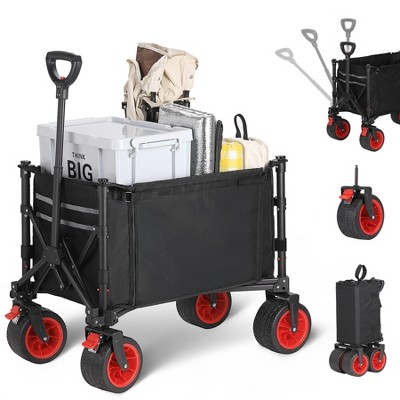 Garvee Foldable Wagon Cart with Big Wheels, Collapsible Utility Cart with Adjustable Handle, Side Pockets and Cup Holder for Shopping, Garden, Black