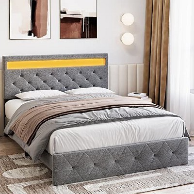 Full Size Bed Frame with Charging Station and LED Lights, Upholstered Bed Frame with Adjustable Headboard