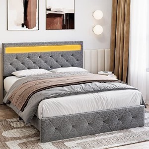 Full Size Bed Frame with Charging Station and LED Lights, Upholstered Bed Frame with Adjustable Headboard - 1 of 4